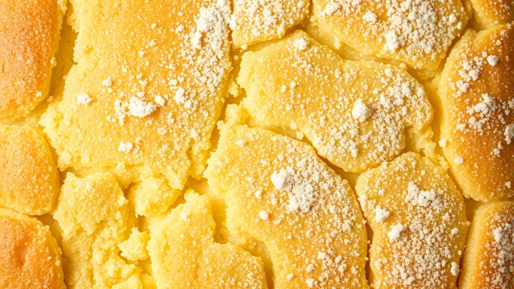 Freshly baked golden 7 Up cake layer with light crumb structure, showing the characteristic moist tender texture, dusted with flour on surface