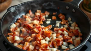 Crispy bacon pieces and diced onions sautéing in cast iron skillet with rendered bacon fat glistening, aromatic steam rising, rustic kitchen setting