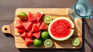 Overhead shot of fresh watermelon chunks and lime halves on a wooden cutting board with filtered water pitcher nearby, bright natural daylight