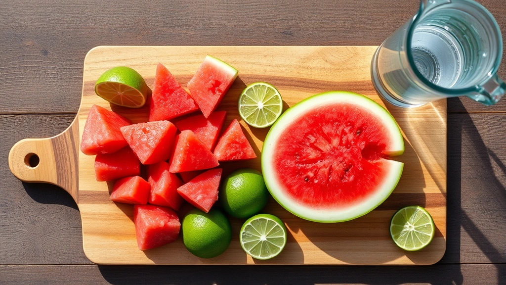 Overhead shot of fresh watermelon chunks and lime halves on a wooden cutting board with filtered water pitcher nearby, bright natural daylight