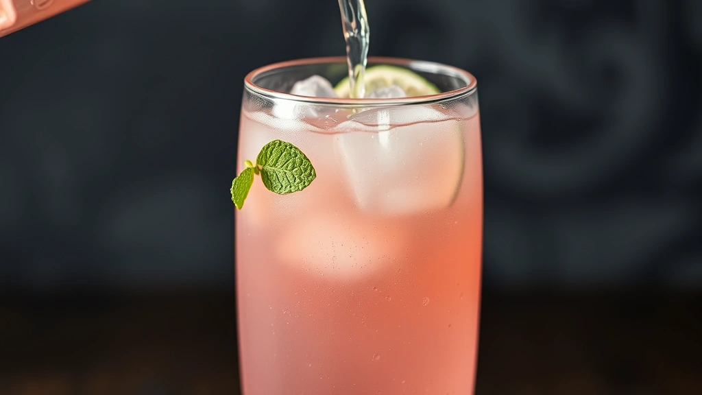 Close-up of pale pink agua fresca being poured over ice in a clear glass with fresh mint leaf garnish and lime wheel, condensation on glass