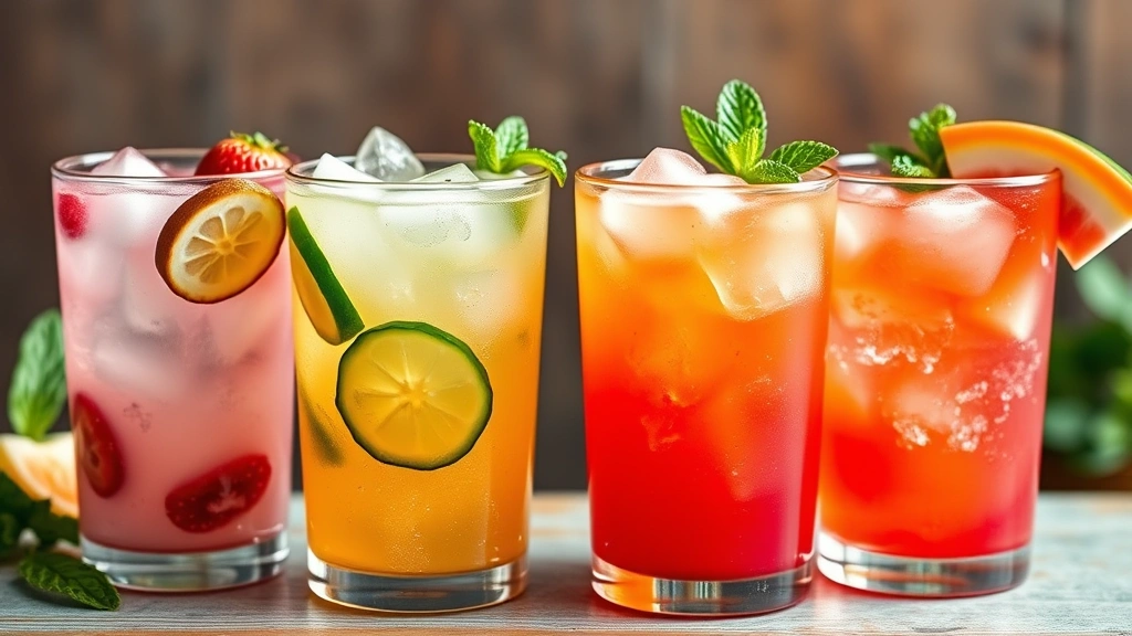 Colorful array of four different agua fresca variations in clear glasses - pink strawberry, green cucumber, orange cantaloupe, and red watermelon with ice and garnishes