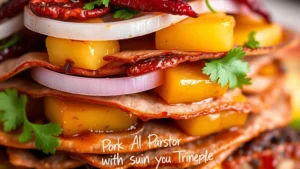 Close-up of thin pork al pastor meat layered with dried red chiles, fresh cilantro, white onion slices, and caramelized pineapple chunks stacked vertically, showing the beautiful color contrast and textures of each ingredient layer