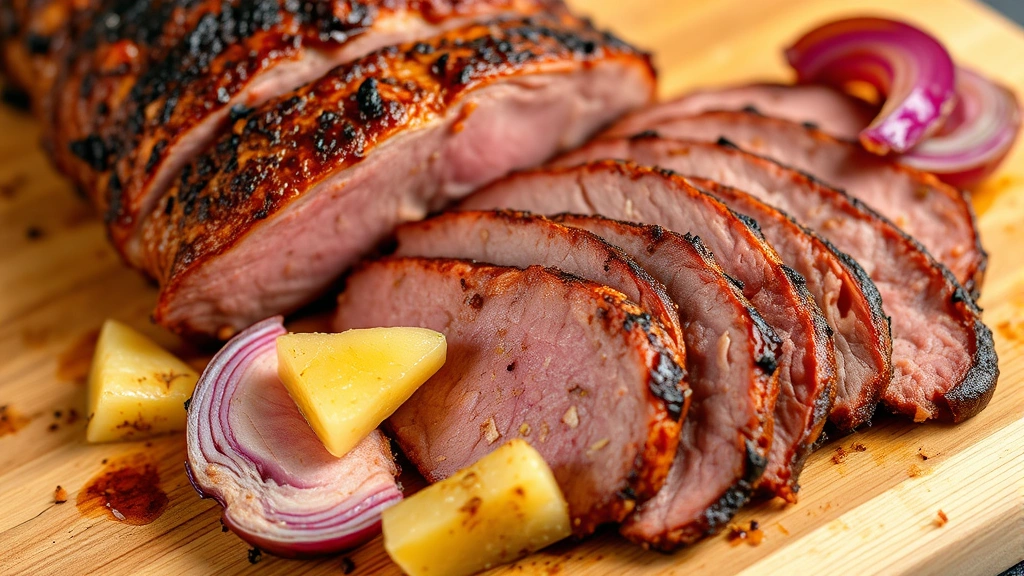 Finished al pastor meat sliced thin at an angle, displaying the caramelized exterior crust and juicy interior, with crispy pineapple pieces and charred onion edges visible, arranged on a wooden cutting board