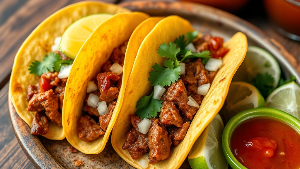 Warm corn tortillas filled with al pastor meat, topped with fresh cilantro leaves, thin pineapple slice, diced white onion, and lime wedge, arranged in a traditional Mexican style on a rustic plate with salsa and lime on the side