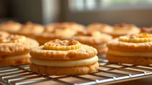 Close-up of freshly baked golden-brown alfajores cookies cooling on a wire rack, showing delicate edges and tender texture, soft natural lighting from window