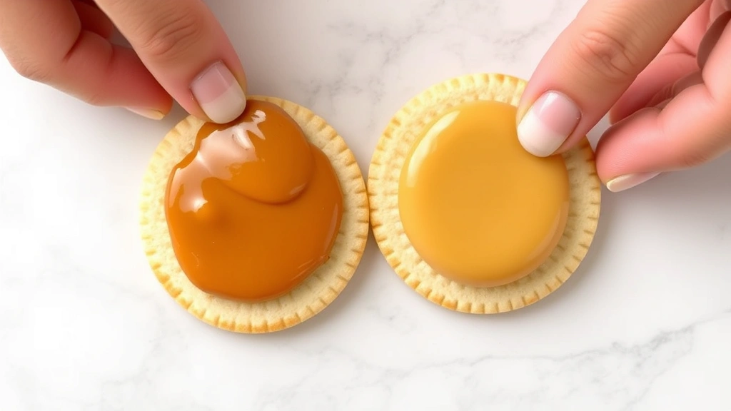 Hands spreading rich caramel dulce de leche between two thin butter cookies, showing the glossy filling and proper thickness, on a clean white marble surface