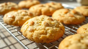 Close-up of golden, perfectly baked almond cookies cooling on a wire rack, showing crispy edges and delicate texture, warm afternoon kitchen lighting