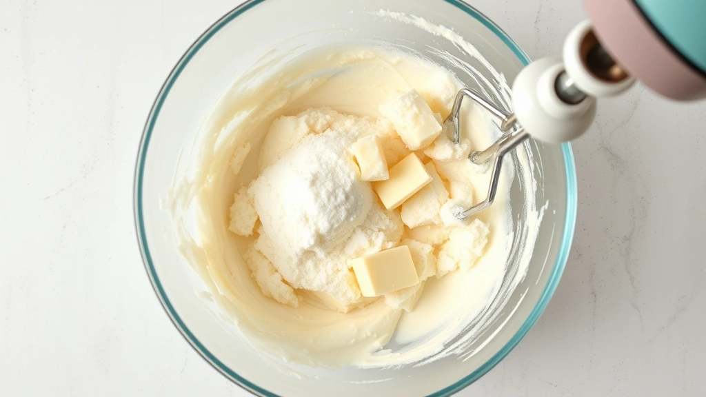Overhead shot of creamed butter and sugar mixture in a mixing bowl at perfect pale and fluffy stage, with electric mixer beaters visible, bright natural light