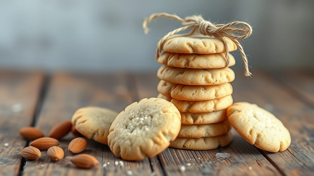 Beautiful stack of finished almond cookies tied with twine on a rustic wooden surface, some cookies showing light chocolate dipping, soft focus background