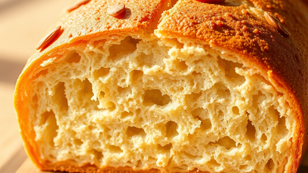 Close-up of fluffy golden-brown almond flour bread loaf with perfect tender crumb structure, sliced to show interior texture and moisture, warm sunlight highlighting the nutty color