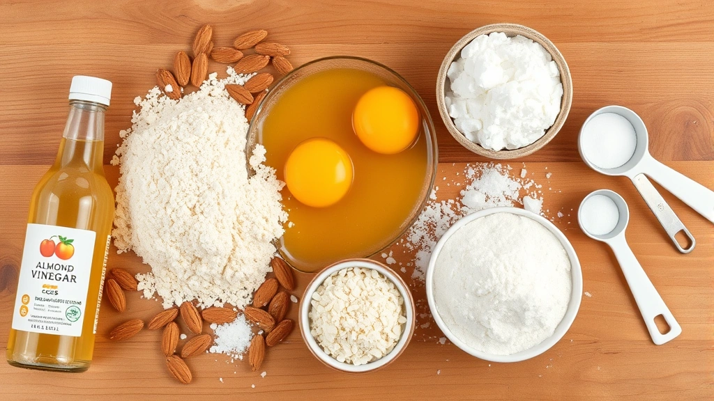Overhead flat lay of almond flour ingredients arranged artfully: mound of fine almond flour, whole eggs, white powder binders, sea salt, fresh apple cider vinegar bottle, measuring spoons on wooden surface
