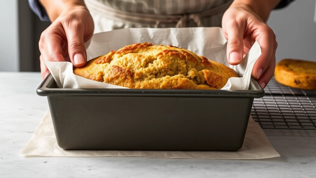 Baker's hands removing perfectly baked almond flour loaf from loaf pan using parchment paper, golden exterior visible, steam rising, cooling rack in background ready to receive bread
