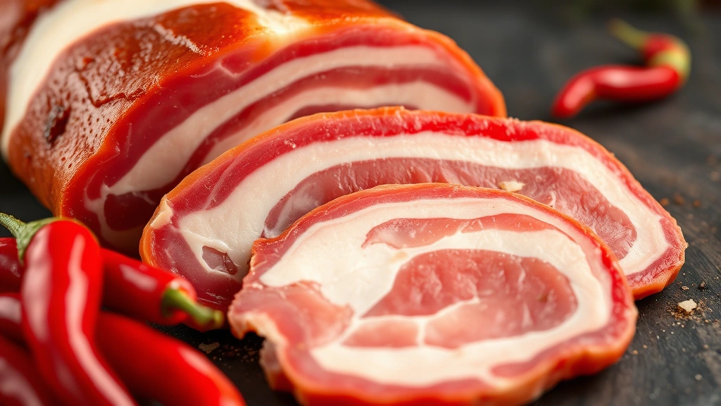 Close-up of sliced guanciale cured pork jowl showing white fat marbling and deep reddish color on dark cutting board with fresh red chili peppers nearby