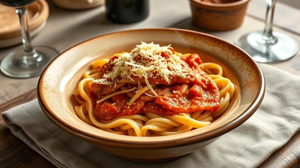 Wide shot of creamy amatriciana pasta in ceramic bowl, fresh grated pecorino Romano cheese visible on top, steam rising, rustic Italian table setting with wine glass
