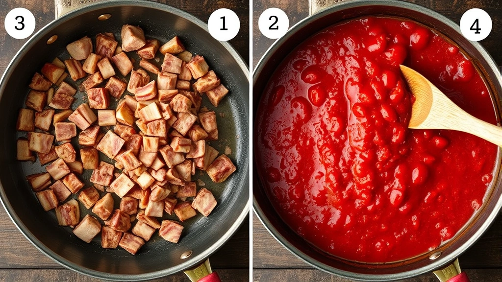 Step-by-step overhead view of rendered guanciale in pan with crushed San Marzano tomatoes being added, showing rich red sauce coming together, wooden spoon stirring