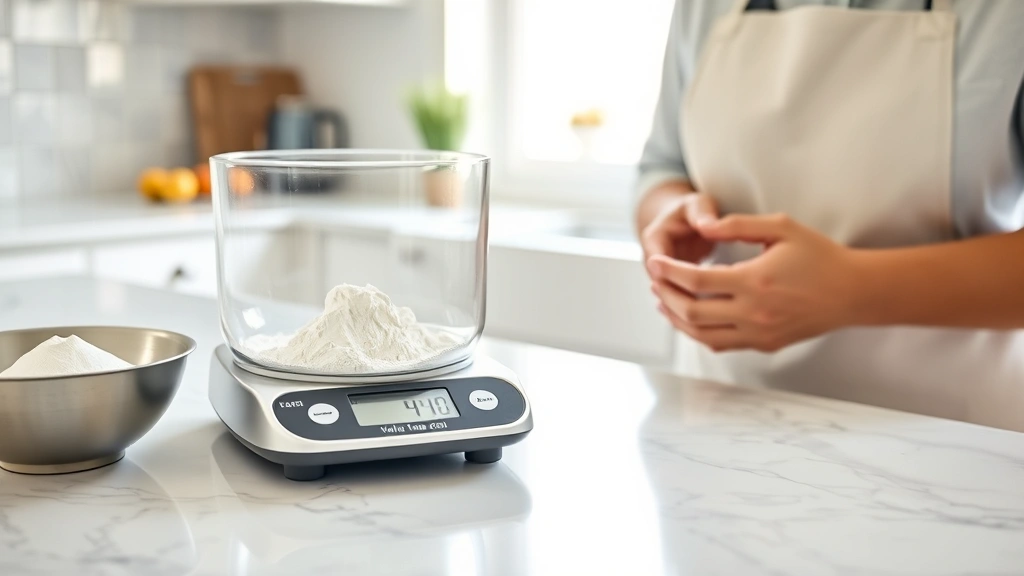 Professional baker measuring flour with digital kitchen scale on white marble counter, close-up of scale display showing grams, natural morning light from window