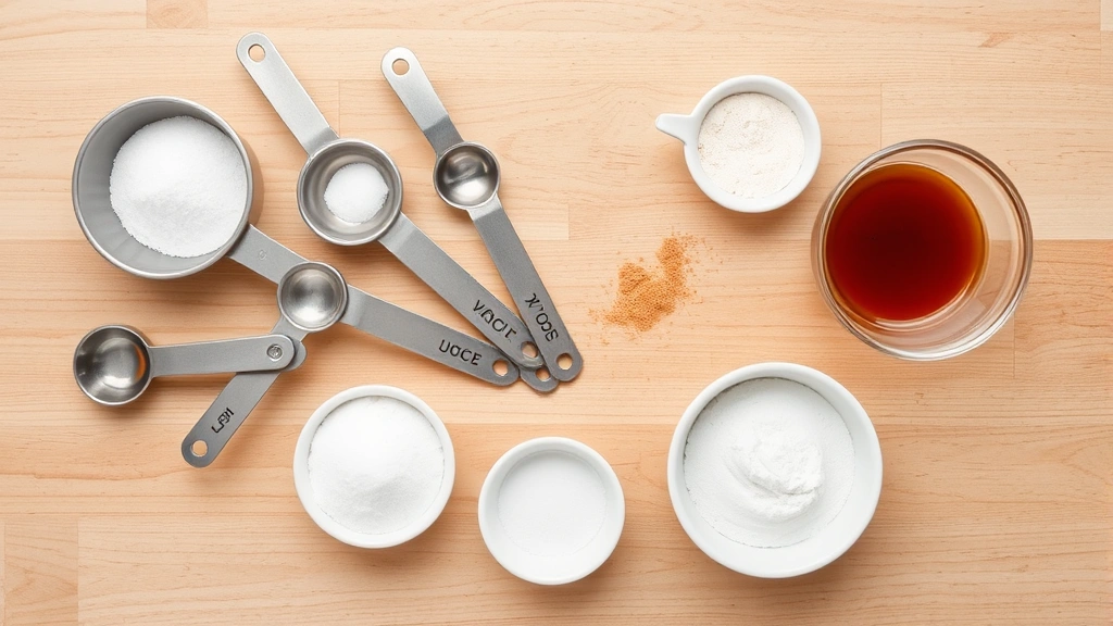 Overhead flat lay of measuring spoons, measuring cups, and small bowls containing different baking ingredients like salt, baking powder, and vanilla extract on wooden surface