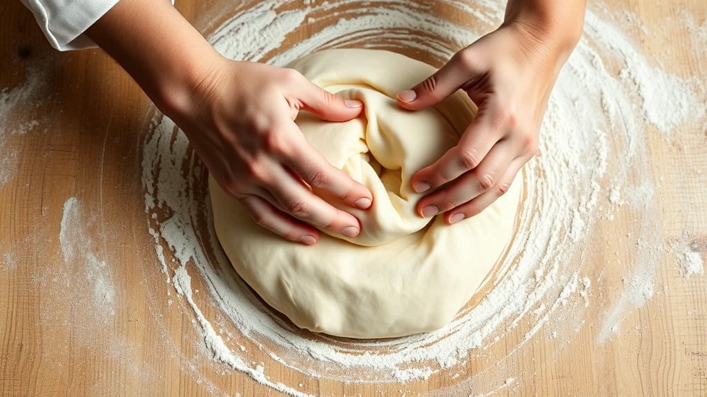Baker's hands kneading dough at perfect consistency, showing smooth elastic texture, flour-dusted wooden work surface, natural daylight from above