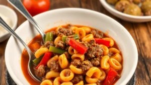 Steaming bowl of American chop suey with ground beef, elbow pasta, red and green bell peppers in rich tomato sauce, served in white ceramic bowl with silver spoon