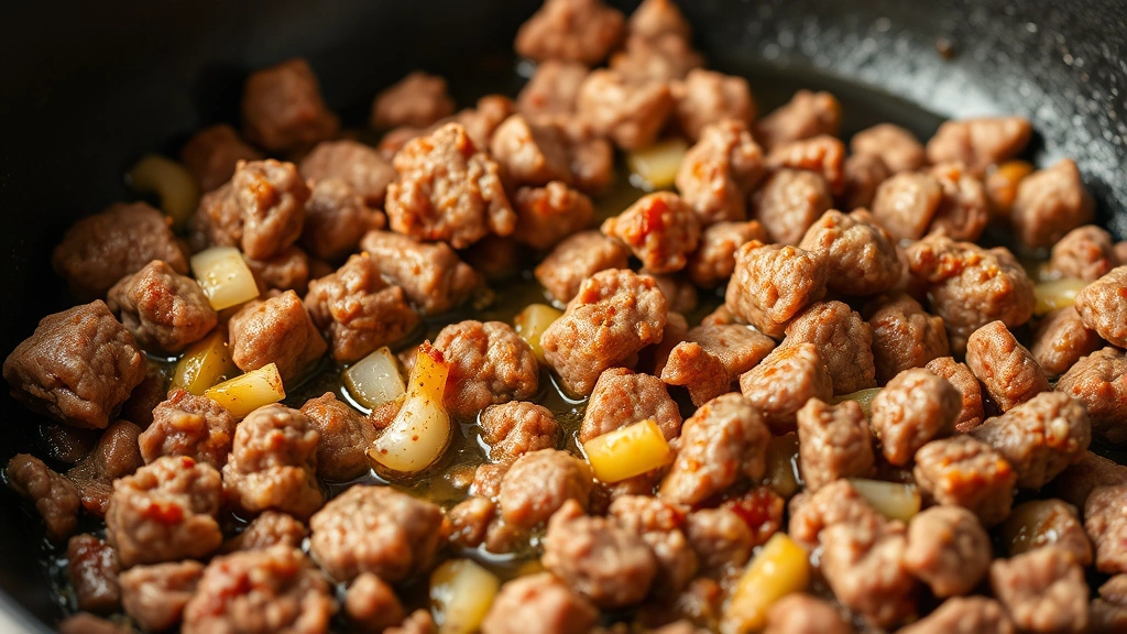 Close-up of ground beef browning in cast iron skillet with caramelized crust, diced yellow onions and minced garlic visible, oil shimmering