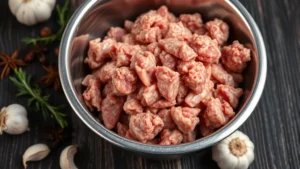 Close-up of freshly ground pork meat showing coarse texture in stainless steel bowl surrounded by whole spices and garlic cloves on dark wooden surface