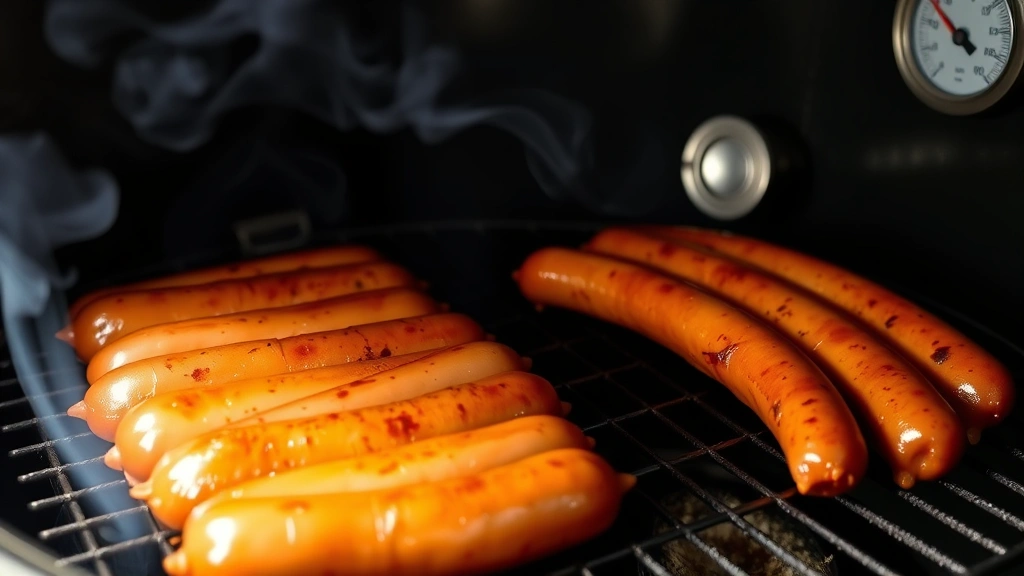 Andouille sausage links being smoked in barrel smoker with thin blue smoke visible, golden-brown casings, thermometer showing temperature in background