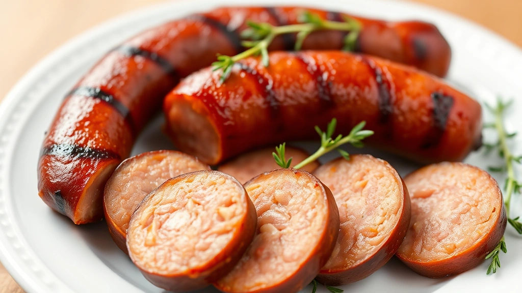 Finished sliced andouille sausages displaying smoky mahogany exterior and coarse pink interior texture on white ceramic plate with fresh thyme garnish