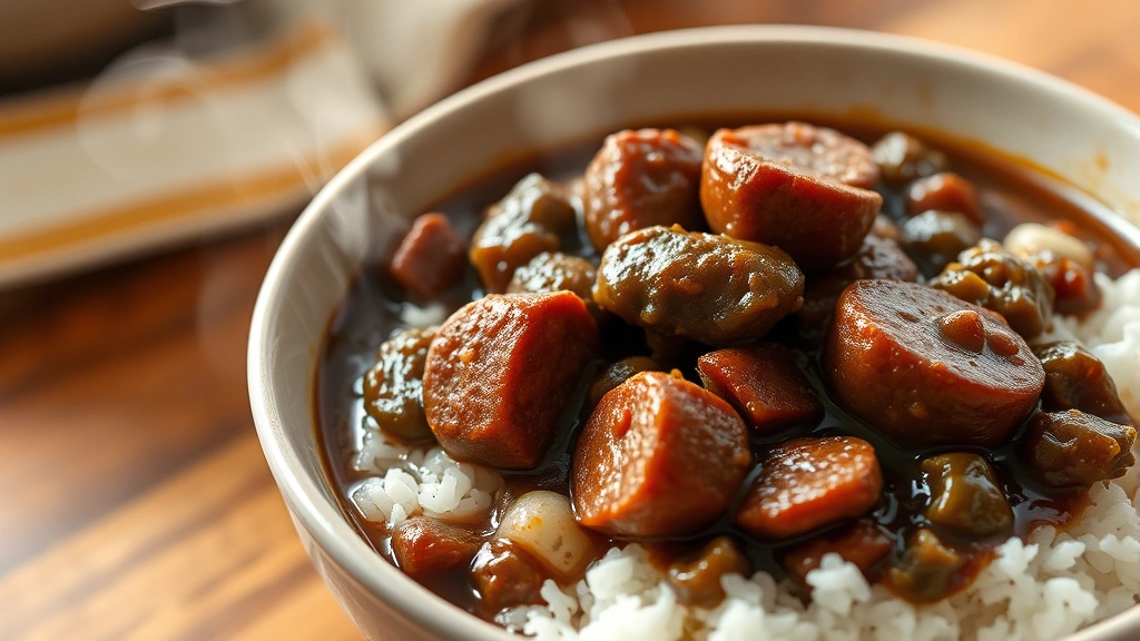 Steaming bowl of rich chocolate-brown andouille sausage gumbo with visible okra pieces and sausage slices, served over white rice, shallow depth of field, warm kitchen lighting