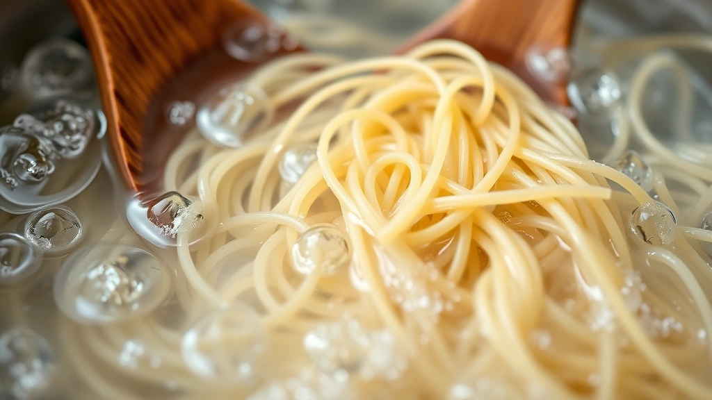 Close-up of delicate angel hair pasta strands in boiling salted water with visible steam and rolling bubbles, wooden spoon stirring gently, natural kitchen lighting, shallow depth of field focusing on thin pasta