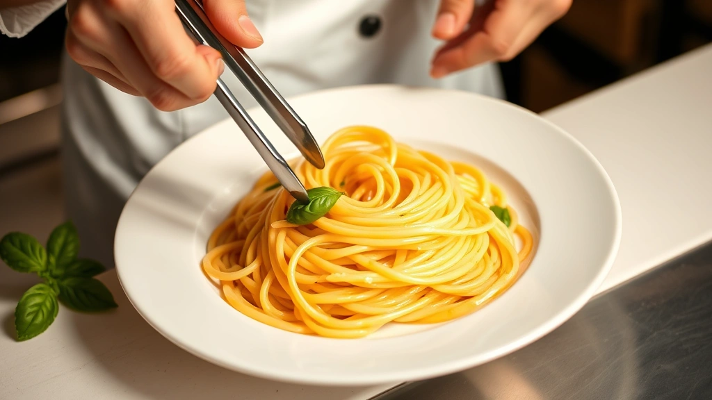 Chef's hands using tongs to twirl cooked angel hair pasta into elegant nest shape on warm white plate, light olive oil-based sauce coating the noodles, fresh basil garnish visible, warm indoor kitchen lighting