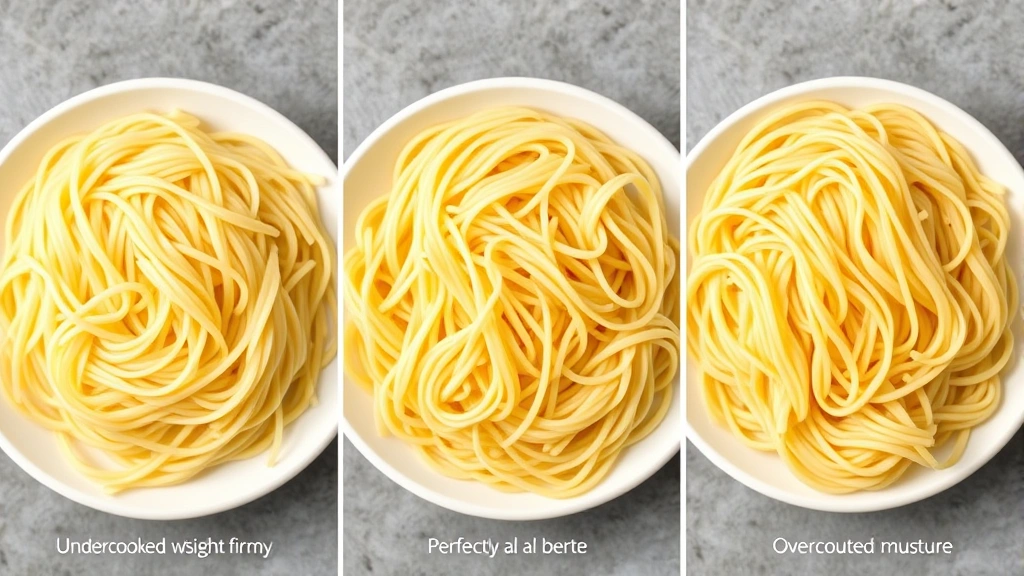 Side-by-side comparison of angel hair pasta at different doneness stages: undercooked with slight firmness, perfectly al dente with ideal bite, and overcooked mushy texture, arranged on white ceramic dishes for clarity