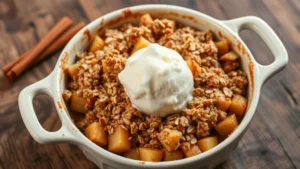 Golden-brown apple crisp with oats in ceramic baking dish, warm vanilla ice cream melting on top, cinnamon sticks nearby, rustic wooden table, steam rising