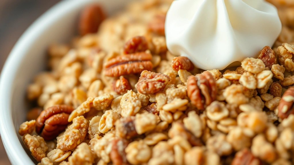 Close-up of crispy oat topping texture showing butter-coated oats and chopped pecans, golden brown color, shallow depth of field, served in white bowl with whipped cream