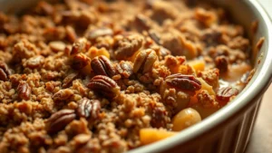 Golden-brown apple crisp with pecan and almond topping in ceramic baking dish, steam rising, warm lighting, close-up showing texture and crumbly topping