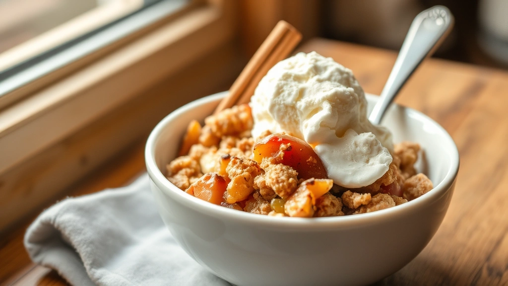 Served apple crisp in white bowl with vanilla ice cream melting on top, cinnamon stick garnish, wooden spoon, soft natural window lighting, appetizing presentation