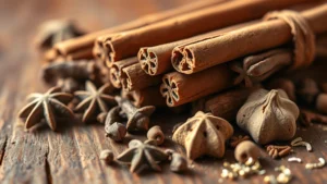 Close-up of whole cinnamon sticks, cloves, and nutmeg arranged on rustic wooden surface, warm golden lighting highlighting spice textures and natural colors, shallow depth of field, photorealistic