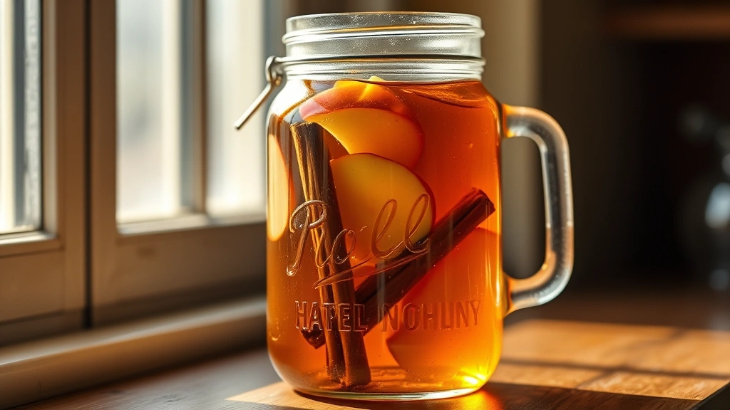 Glass jar filled with amber-colored apple pie moonshine infusion, cinnamon sticks and apple slices visible inside, positioned near window with natural diffused light creating warm glow, photorealistic clarity