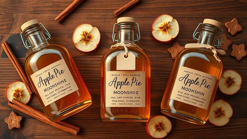 Overhead flat-lay of finished apple pie moonshine in vintage glass bottles with handwritten labels, fresh cinnamon sticks and dried apple slices scattered around, warm wooden table surface, professional styling, photorealistic