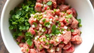 Close-up of raw meat mixture with fresh herbs, spices, and minced onions in a white bowl, showing vibrant green parsley and mint distributed throughout the ground lamb, natural lighting from above