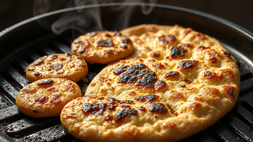 Golden-brown cooked arayes on a cast-iron griddle with char marks visible, steam rising from the warm pita bread, showing the crispy exterior texture and thickness of the bread