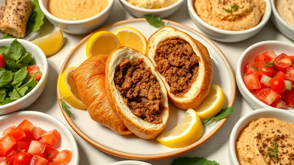 Plated arayes cut in half revealing the juicy spiced meat filling inside, surrounded by fresh lemon wedges, tomato cucumber salad, and small bowls of tahini sauce and hummus, Mediterranean table setting