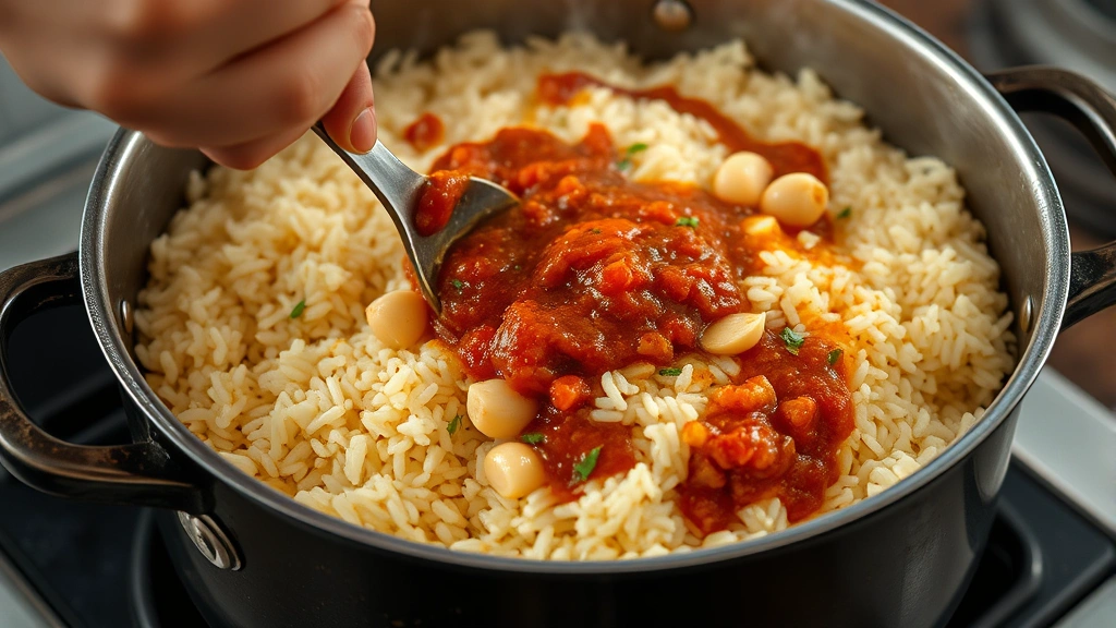 Hands stirring fragrant sofrito paste into toasted white rice in a heavy-bottomed pot, golden oil coating the grains, garlic cloves visible, aromatic cooking moment, steam wisping, close-up detail shot