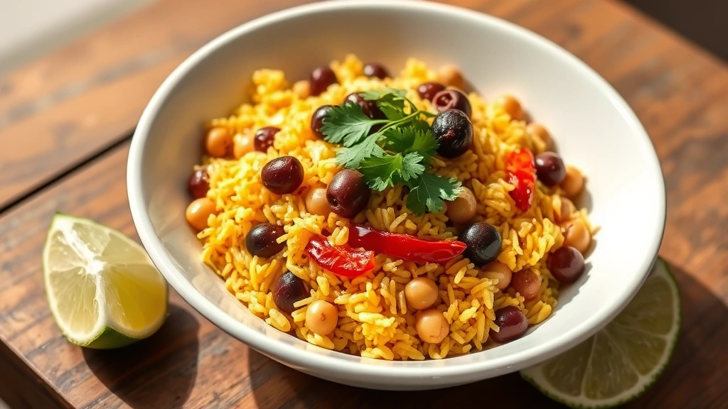 Finished arroz con gandules served in a traditional shallow white bowl, perfect golden rice with whole pigeon peas, olives, roasted red peppers, cilantro garnish on top, lime wedges beside, authentic Caribbean presentation, warm daylight