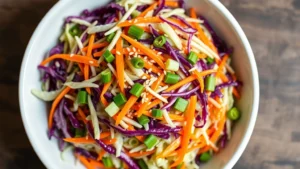 Overhead shot of vibrant Asian coleslaw with napa cabbage, purple cabbage, and julienned carrots in a white ceramic bowl, sesame seeds scattered on top, fresh green onions visible, natural daylight