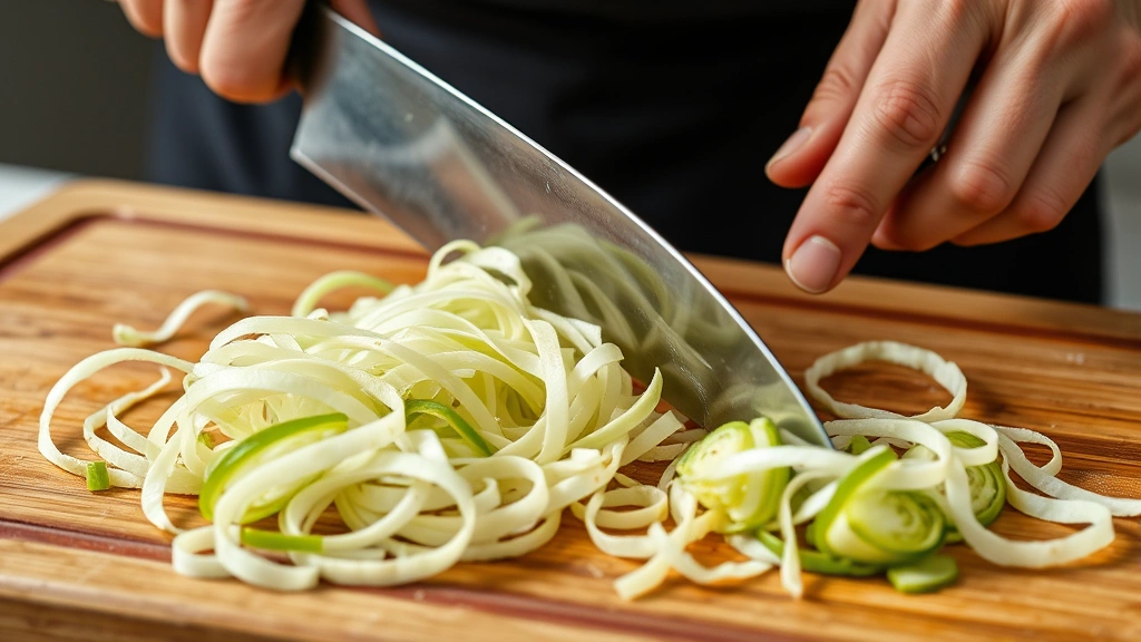 Close-up of chef's knife slicing napa cabbage into thin ribbons on wooden cutting board, hands using proper claw grip technique, sharp blade reflecting light