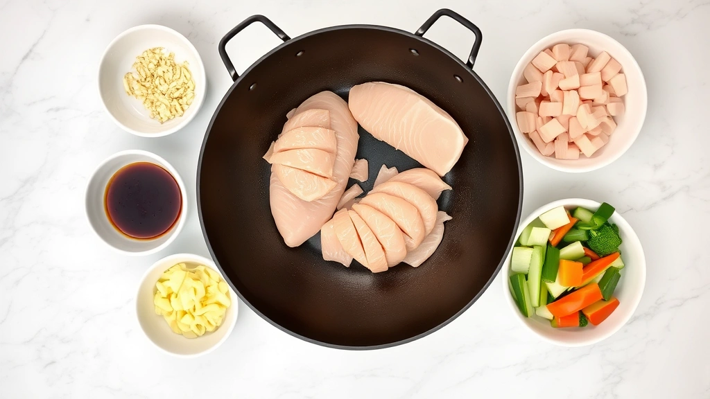 Overhead shot of mise en place setup with small bowls containing minced garlic, ginger, soy sauce mixture, sliced chicken breast, and cut vegetables arranged around a dark wok on a marble counter