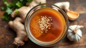 Close-up overhead shot of Asian salad dressing in a glass bowl with sesame seeds sprinkled on top, fresh ginger and garlic cloves beside it, warm natural lighting, shallow depth of field, wooden surface background