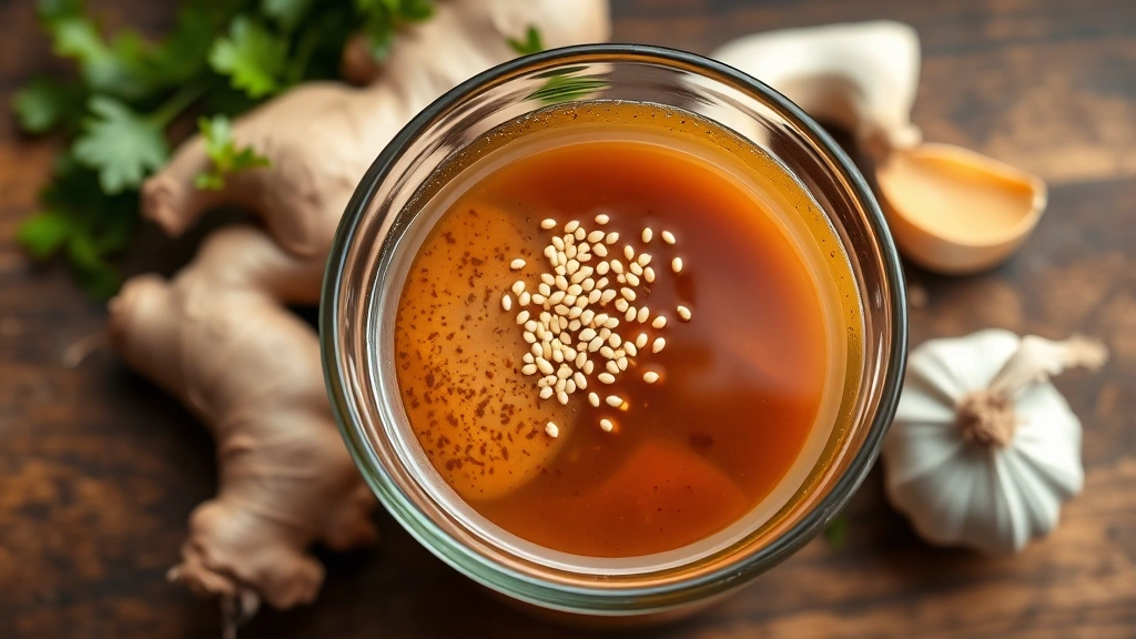 Close-up overhead shot of Asian salad dressing in a glass bowl with sesame seeds sprinkled on top, fresh ginger and garlic cloves beside it, warm natural lighting, shallow depth of field, wooden surface background
