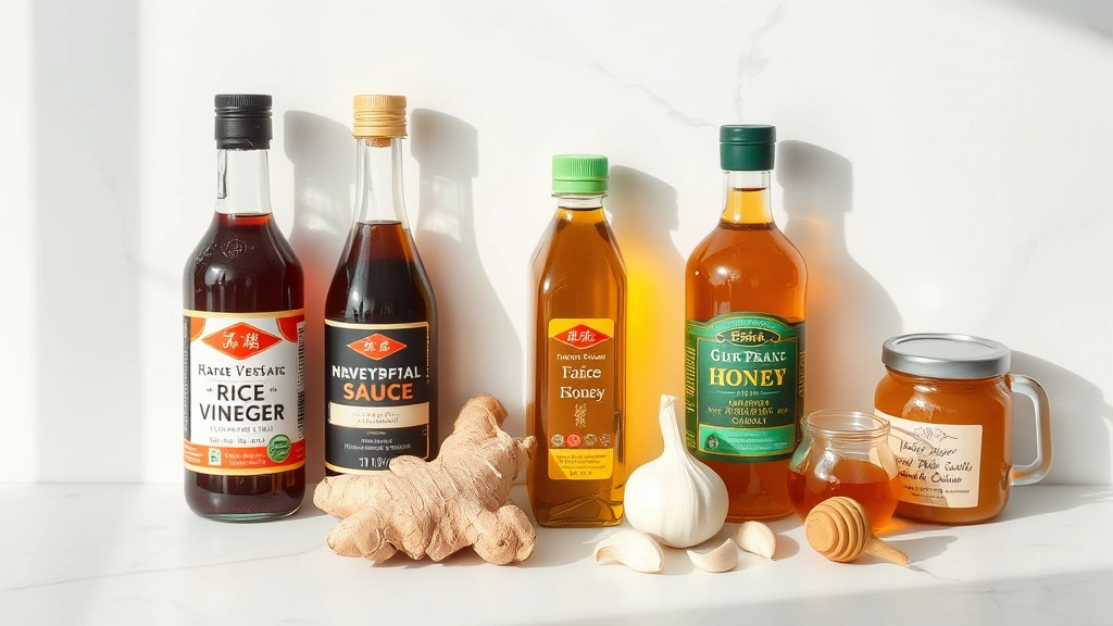 Professional flat lay composition showing soy sauce bottle, rice vinegar bottle, toasted sesame oil bottle, fresh ginger root, garlic cloves, and honey jar arranged artfully on white marble countertop with natural daylight